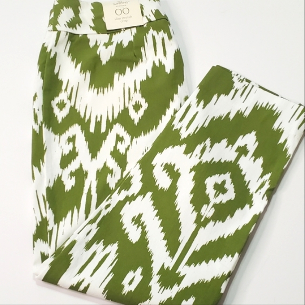 Chico's So Slimming Brigitte Green & White Print Stretch Crop Pants Sz 00 NWT